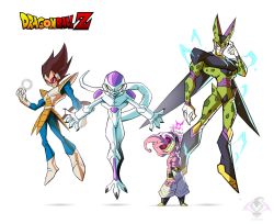 Rule 34 | 4boys, alien, alternate artstyle, angry, armor, artist request, boots, cell (dragon ball), demon, dragon ball, dragonball z, electricity, evil grin, evil smile, fangs, frieza, grin, highres, looking at viewer, majin buu, multiple boys, muscular, no humans, open mouth, perfect cell, sharp teeth, simple background, size difference, smile, spiked hair, tail, teeth, traditional media, upper body, vegeta