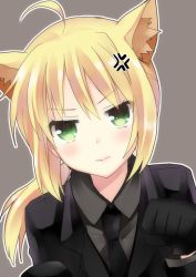 Rule 34 | 1girl, ahoge, anger vein, angry, animal ears, artoria pendragon (fate), cat ears, fate/zero, fate (series), formal, gloves, kemonomimi mode, kurot, necktie, paw pose, ponytail, saber (fate), solo, suit