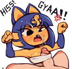 Rule 34 | 1boy, 1girl, angry, animal crossing, animal ears, ankha (animal crossing), arms up, bandeau, black eyes, blonde hair, blue hair, blunt bangs, blush, breasts, cat ears, clenched hands, clothed female nude male, cum, cum on hair, cum string, ejaculation, english text, erection, facial, fangs, furry, hair ornament, half-closed eye, hetero, highres, interspecies, looking down, lower body, medium breasts, multicolored hair, nintendo, nude, open mouth, orgasm, paizuri, paizuri under clothes, penis, raised eyebrow, sarashi, shiny skin, short hair, signature, simple background, snake hair ornament, solo focus, sound effects, superwagon64, testicles, two-tone hair, uncensored, uneven eyes, upper body, veins, veiny penis, white background