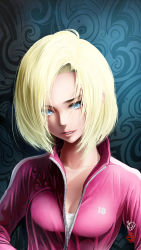 Rule 34 | 10s, 1girl, absurdres, android 18, blonde hair, blue eyes, breasts, cleavage, collarbone, dragon ball, dragon ball super, highres, jacket, kanchiyo, looking at viewer, medium breasts, parted lips, short hair, signature, smile, solo, upper body