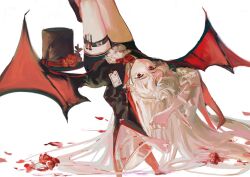 Rule 34 | 1girl, arknights, ascot, bat wings, belt, belt buckle, black belt, black hat, black shirt, black shorts, black sleeves, blood, bow, bowtie, buckle, closed mouth, cowboy shot, flower, frilled sleeves, frills, frown, hair spread out, hat, hat flower, lobelia (saclia), long hair, long sleeves, looking at viewer, lying, nail polish, name tag, official alternate costume, on back, outstretched legs, petals, pointy ears, red bow, red bowtie, red eyes, red flower, red nails, red rose, red wings, rose, rose petals, shirt, short shorts, shorts, simple background, solo, thigh belt, thigh strap, top hat, unworn hat, unworn headwear, upside-down, vial, warfarin (arknights), warfarin (the feast) (arknights), white ascot, white background, white hair, wide sleeves, wings