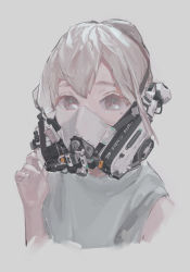 Rule 34 | 1girl, absurdres, fingernails, grey background, grey eyes, grey hair, grey theme, highres, looking at viewer, mask, mechanical, mole, mole under eye, mouth mask, original, short hair, simple background, solo, upper body, zygocactus
