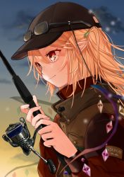 Rule 34 | 1girl, alternate costume, bad id, bad pixiv id, baseball cap, black hat, blonde hair, blurry, blurry background, closed mouth, commentary request, dated, eyewear on head, fingernails, fish hair ornament, fishing rod, flandre scarlet, glasses, gotou (nekocat), hair between eyes, hair ornament, hat, highres, holding, jacket, long hair, outdoors, pointy ears, red eyes, side ponytail, sky, smile, solo, touhou, upper body, vest, wings