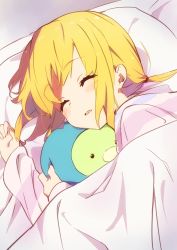 Rule 34 | 1girl, absurdres, amaryllis gumi, bed, blonde hair, blush stickers, closed eyes, fang, fingernails, hair tie, hands up, highres, hood, hood down, hooded jacket, jacket, kotohara hinari, long hair, long sleeves, lying, on side, parted lips, pillow, sleeping, solo, striped clothes, striped jacket, tama (tama-s), under covers, virtual youtuber