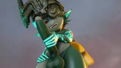 Rule 34 | 1girl, 20s, 3d, animated, blonde hair, body markings, colored sclera, colored skin, covering one eye, covering privates, dawn, erection, evil smile, fang, from below, futanari, futanari masturbation, glowing, green skin, grey skin, hand on own hip, headpiece, large penis, looking at viewer, looping animation, masturbation, midna, multicolored skin, nintendo, oohlaaalaa, outdoors, penis, pointy ears, prehensile hair, red eyes, rubbing, sky, smile, solo, source filmmaker (medium), testicles, the legend of zelda, the legend of zelda: twilight princess, uncensored, video, yellow sclera