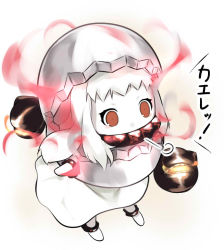 Rule 34 | 10s, 1girl, abyssal ship, chibi, colored skin, costume, floating fortress (kancolle), horns, kantai collection, long hair, northern ocean princess, red eyes, sch, simple background, solo, translation request, white background, white hair, white skin