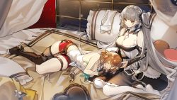 Rule 34 | 2girls, absurdres, atelier (series), atelier ryza, azur lane, bare arms, bare shoulders, beret, black gloves, black thighhighs, breasts, brown hair, cleavage, closed eyes, commentary request, dress, formidable (azur lane), freeze (867139), garter straps, gloves, grey hair, hat, highres, indoors, lap pillow, large breasts, lying, medium breasts, midriff, multiple girls, navel, off-shoulder dress, off shoulder, on side, pantyhose, pillow, red eyes, red shorts, reisalin stout, shirt, short shorts, shorts, single thighhigh, sitting, sleeveless, sleeveless shirt, thigh strap, thighhighs, thighs, twintails, white headwear, white pantyhose, white shirt, window, yokozuwari