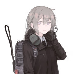 Rule 34 | 1girl, asymmetrical hair, backpack, bag, black gloves, black jacket, black necktie, collared shirt, expressionless, from side, girls&#039; frontline, gloves, grey hair, hair between eyes, headset, highres, jacket, long hair, long sleeves, looking at viewer, m200 (girls&#039; frontline), necktie, open mouth, ponytail, purple eyes, rampart1028, shirt, simple background, solo, upper body, white background, white shirt
