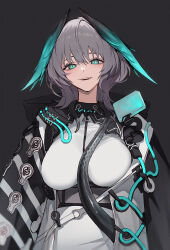 Rule 34 | 1girl, aqua eyes, arknights, bags under eyes, black background, breasts, dress, grey hair, head wings, highres, ho&#039;olheyak (arknights), jason kim, large breasts, long sleeves, looking at viewer, open clothes, revision, short hair, simple background, smile, solo, tail, white dress, wings
