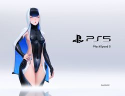Rule 34 | 1girl, black leotard, black sleeves, black thighhighs, blue eyes, blush, breasts, cloak, covered navel, cowboy shot, cropped legs, detached sleeves, game console, gradient background, grey background, habit, hand on own hip, highres, huykho192, leotard, looking at viewer, medium breasts, nail polish, open mouth, original, personification, playstation 5, product girl, revealing clothes, sideboob, simple background, sleeves past wrists, solo, sony, thighhighs