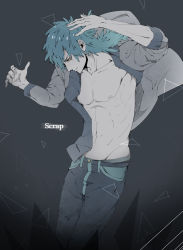 Rule 34 | 10s, 1boy, abs, artist request, broken glass, dramatical murder, glass, highres, jacket, male focus, nipples, open clothes, open jacket, seragaki aoba, solo