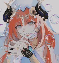 Rule 34 | 1girl, atlasxart, black horns, blue veil, blunt bangs, bubble, commentary, english commentary, forehead jewel, genshin impact, highres, horns, light blue eyes, long hair, nail polish, nilou (genshin impact), own hands together, parted bangs, red hair, red nails, solo, spoilers, veil