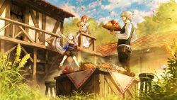 Rule 34 | 1boy, 2girls, animal ears, brown hair, craft lawrence, dress, family, food, happy, highres, holo, house, jumping, long hair, multiple girls, myuri (spice and wolf), official art, plate, sash, shinsetsu spice and wolf, silver hair, spice and wolf, stool, table, tail, wolf ears, wolf girl, wolf tail, you shimizu