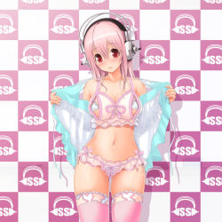 Rule 34 | 1girl, bare shoulders, blush, bra, breasts, checkered background, crotchless, crotchless panties, cupless bra, headphones, large breasts, lingerie, navel, nitroplus, open clothes, open mouth, panties, pink hair, pink thighhighs, red eyes, smile, sofmap, sofmap background, solo, step and repeat, super sonico, thighhighs, underwear, v-mag, white bra, white panties