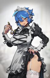Rule 34 | 1girl, alternate costume, bell, blue hair, blue nails, blush, breasts, brown eyes, clothes lift, dif (difman), difman, enmaided, garter belt, highres, holding, holding bell, large breasts, long sleeves, maid, maid headdress, mole, mole under eye, multicolored hair, nail polish, original, parted lips, short hair, smile, solo, thighhighs, white thighhighs