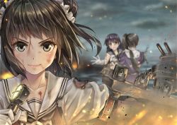 Rule 34 | 10s, 3girls, agano (kancolle), asymmetrical hair, belt, black hair, blood, blood on face, blurry, blush, breasts, brown eyes, brown hair, burnt clothes, cannon, closed mouth, collarbone, commentary request, depth of field, double bun, fire, fire, gloves, green eyes, hair bun, hair ornament, hair scrunchie, holding, horizon, hug, injury, jacket, kantai collection, koyuki (kotatsu358), large breasts, light, long hair, looking at viewer, machinery, microphone, multiple girls, nachi (kancolle), naka (kancolle), ocean, open mouth, outdoors, outstretched arm, ponytail, puffy short sleeves, puffy sleeves, purple hair, purple jacket, remodel (kantai collection), school uniform, scratches, scrunchie, serafuku, shirt, short hair, short sleeves, side ponytail, skirt, sleeveless, sleeveless shirt, smile, teardrop, torn clothes, turret, water, white gloves, white shirt