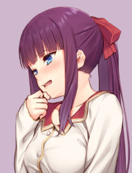Rule 34 | 10s, 1girl, blue eyes, blunt bangs, blush, brown hair, buttons, collarbone, covering own mouth, hair ornament, long hair, long sleeves, looking away, mikazuchi zeus, new game!, open mouth, ponytail, purple background, ribbon, shirt, sidelocks, simple background, sleeves past wrists, solo, takimoto hifumi, upper body