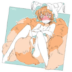 Rule 34 | 1girl, alternate costume, bad id, bad pixiv id, bikini, blush, breasts, cleavage, covering privates, covering breasts, female focus, fox tail, hat, large breasts, multiple tails, orange hair, solo, swimsuit, tail, touhou, yakumo ran, yellow eyes, yukataro