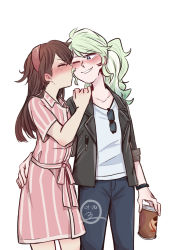 Rule 34 | 2girls, alternate costume, alternate hairstyle, black jacket, blee-bleep, blush, can, casual, diana cavendish, dress, drink can, hairband, hand on another&#039;s shoulder, hand on ass, highres, jacket, kagari atsuko, kiss, kissing cheek, little witch academia, multiple girls, pink dress, pink hairband, ponytail, shirt, sleeves rolled up, smile, soda can, striped clothes, striped dress, sunglasses, two-tone dress, white shirt, yuri