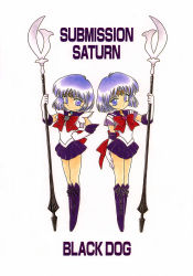 Rule 34 | 1990s (style), 2girls, back bow, bishoujo senshi sailor moon, boots, bow, brooch, chibi, choker, closed mouth, cross-laced footwear, dual persona, earrings, elbow gloves, english text, full body, gloves, hand on own hip, hand on own thigh, heart, heart brooch, highres, holding, holding polearm, holding weapon, jewelry, knee boots, kuroinu juu, lace-up boots, legs together, looking at viewer, multiple girls, pleated skirt, polearm, purple eyes, purple footwear, purple hair, purple sailor collar, purple skirt, red bow, retro artstyle, sailor collar, sailor saturn, sailor senshi, sailor senshi uniform, scan, short hair, silence glaive, simple background, skirt, smile, star (symbol), star brooch, star choker, super sailor saturn, symmetry, tomoe hotaru, weapon, white background, white gloves