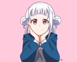 Rule 34 | 1girl, arashi chisato, artist name, artist request, blue cardigan, blue jacket, blush, bow, bowtie, breasts, buttons, cardigan, collared shirt, cropped jacket, double bun, dress, dress shirt, female focus, grey shirt, hair bun, hair tie, hand on own cheek, hand on own face, highres, jacket, long hair, long sleeves, looking at viewer, love live!, love live! superstar!!, neck ribbon, parted lips, pink background, red bow, red eyes, red ribbon, ribbon, school uniform, shirt, small breasts, smile, solo, twintails, upper body, white hair, white shirt, wing collar, yuigaoka school uniform