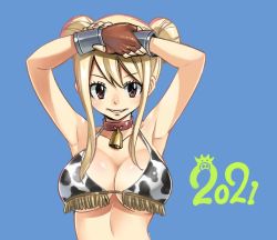 Rule 34 | 1girl, 2021, armpits, bikini, blonde hair, blue background, breasts, brown eyes, cleavage, cowbell, double bun, fairy tail, hair between eyes, hair bun, large breasts, looking at viewer, lucy heartfilia, mashima hiro, neck bell, official art, simple background, smile, solo, swimsuit, underboob