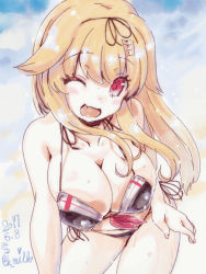 Rule 34 | 10s, 1girl, adapted costume, bikini, black bikini, blonde hair, blush, breasts, cleavage, cowboy shot, dated, fang, front-tie top, hair flaps, hair ornament, hairclip, kantai collection, large breasts, leaning forward, long hair, looking at viewer, miuku (marine sapphire), one eye closed, open mouth, red eyes, smile, solo, standing, sweat, swimsuit, twitter username, yuudachi (kancolle), yuudachi kai ni (kancolle)