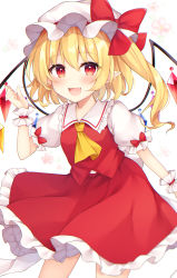 Rule 34 | 1girl, :d, absurdres, arm up, ascot, aura, blonde hair, blush, bow, buttons, commentary request, crystal, dot nose, eyelashes, fangs, fingernails, flandre scarlet, frilled shirt collar, frilled skirt, frills, hat, hat bow, hat ribbon, highres, looking at viewer, medium hair, miy@, mob cap, nail polish, one side up, open mouth, pointy ears, puffy short sleeves, puffy sleeves, red bow, red eyes, red nails, red ribbon, red skirt, red vest, ribbon, shirt, short sleeves, side ponytail, sidelocks, simple background, skirt, slit pupils, smile, solo, standing, teeth, touhou, upper body, upper teeth only, vest, white background, white hat, white shirt, wings, wrist cuffs, yellow ascot
