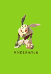 Rule 34 | andiramon, digimon, digimon (creature), green background, horns, rabbit, red eyes, simple background, solo
