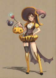 Rule 34 | 1girl, black thighhighs, boots, brown background, brown hair, candy, closed mouth, demon, did shushu draw today? (user pnjm8342), dress, earrings, flower, food, full body, green eyes, halloween, halloween bucket, halloween costume, hand on own hip, hat, highres, holding, holding flower, jewelry, lipstick, long hair, looking at viewer, makeup, red flower, red rose, rosa (tears of themis), rose, shadow, short sleeves, simple background, single thighhigh, smile, solo, standing, tears of themis, thigh boots, thighhighs, witch, witch hat, yellow dress, yellow footwear