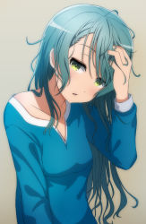 Rule 34 | 1girl, absurdres, aqua hair, bang dream!, breasts, cleavage, collarbone, gradient background, green eyes, hand in own hair, highres, hikawa sayo, long hair, looking at viewer, messy hair, noshimurin, off shoulder, open mouth, pajamas, small breasts, solo, upper body