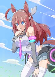 Rule 34 | 1girl, ahoge, animal ears, armlet, bare shoulders, blue eyes, blue sky, breasts, cloud, detached sleeves, hair between eyes, hand on own chin, headgear, highres, horse ears, horse girl, horse tail, leaning forward, long hair, mashio, mihono bourbon (umamusume), necktie, open mouth, red hair, sky, solo, standing, sweat, tail, thighhighs, umamusume