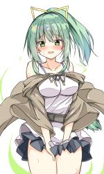 Rule 34 | 1girl, blush, embarrassed, green eyes, green hair, highres, raion (inoueraion), simple background, skirt, solo, tagme, thighs, white background, wynn the wind charmer, yu-gi-oh!