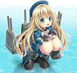 Rule 34 | 10s, 1girl, atago (kancolle), black gloves, black pantyhose, blonde hair, blush, breast suppress, breasts, breasts out, cannon, gloves, green eyes, hands on own chest, hat, jacket, kantai collection, large breasts, long hair, military, military jacket, military uniform, nipples, noritama (gozen), open mouth, pantyhose, personification, skirt, smile, solo, turret, uniform, wading, water