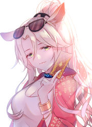 Rule 34 | 1girl, absurdres, animal ears, arknights, black choker, bracelet, breasts, card, chinese commentary, choker, cleavage, commentary request, deer ears, dress, eyewear on head, gitano (arknights), gitano (unknown journey) (arknights), hair between eyes, hand up, head tilt, highres, holding, holding card, jacket, jewelry, lingshalan, long hair, long sleeves, looking at viewer, medium breasts, official alternate costume, open clothes, open jacket, red jacket, silver hair, simple background, solo, sunglasses, sunglasses on head, upper body, white background, white dress, yellow eyes