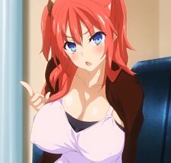 Rule 34 | 1girl, ayaka (ane taiken shuukan), blue eyes, blurry, blurry background, blush, breasts, cleavage, collarbone, covered erect nipples, female focus, fingernails, hair between eyes, highres, large breasts, long hair, looking at viewer, michiking, nipples, open mouth, red hair, seikatsu shuukan, sidelocks, solo, tongue, twintails