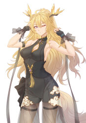 Rule 34 | 1girl, absurdres, ahoge, alternate costume, arknights, arm strap, armpits, arms up, bare shoulders, black bow, black corset, black gloves, black romper, blonde hair, bow, breasts, brown pantyhose, cleavage, cleavage cutout, clothing cutout, cloud print, contrapposto, corset, cowboy shot, double bun, dragon horns, dress bow, fingerless gloves, gem, gloves, gold trim, hair bun, highres, horns, infection monitor (arknights), innoarukugyou, jewelry, leizi (arknights), long hair, looking at viewer, medium breasts, one eye closed, pantyhose, ponytail, purple eyes, see-through, sideboob, simple background, sleeveless, solo, standing, tail, thighband pantyhose, white background