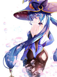 Rule 34 | 1girl, absurdres, alternate eye color, alternate hair color, ass, bare shoulders, blue eyes, blue hair, blush, breasts, detached sleeves, elbow gloves, from behind, genshin impact, gloves, hair ornament, hat, highres, leotard, long hair, looking at viewer, looking back, mona (genshin impact), pantyhose, shiny clothes, shiny skin, sideboob, skindentation, smile, solo, theone-u-lost, torn clothes, torn pantyhose, twintails, very long hair