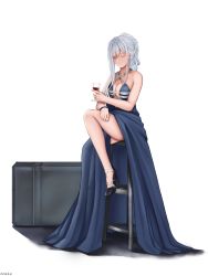 Rule 34 | 1girl, absurdres, ak-12 (girls&#039; frontline), ak-12 (quiet azure) (girls&#039; frontline), alcohol, bare shoulders, black footwear, blue dress, breasts, case, chair, cleavage, closed eyes, closed mouth, collarbone, cozie178, crossed legs, cup, dress, drinking glass, full body, girls&#039; frontline, hair ornament, high heels, highres, holding, holding cup, long hair, medium breasts, official alternate costume, sitting, smile, solo, thighs, weapon case, white background, white hair, wine glass
