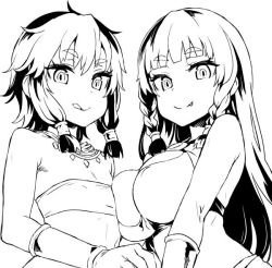 Rule 34 | 10s, 2girls, amazon warrior, asanagi, asymmetrical docking, bad id, bad twitter id, bandeau, bracer, braid, breast press, breasts, dungeon ni deai wo motomeru no wa machigatteiru darou ka, fang, fang out, flat chest, greyscale, inactive account, jewelry, large breasts, lineart, long hair, looking at viewer, monochrome, multiple girls, necklace, short hair, siblings, simple background, sisters, smile, strapless, tiona hiryute, tione hiryute, tongue, tongue out, tube top, twin braids, twintails, upper body