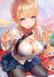 Rule 34 | 10s, 1girl, adjusting hair, assam (girls und panzer), bad id, bad pixiv id, black pantyhose, blonde hair, blue eyes, blue necktie, blue skirt, box, bra, braid, breasts, buttons, character doll, cleavage, collared shirt, darjeeling (girls und panzer), dress shirt, emblem, gift, gift box, girls und panzer, hands up, indoors, large breasts, long hair, long sleeves, looking at viewer, mouth hold, necktie, orange pekoe (girls und panzer), pantyhose, partially unbuttoned, pillow, pleated skirt, ribbon, ribbon in mouth, school uniform, seiza, shirt, sitting, skirt, smile, solo, st. gloriana&#039;s (emblem), st. gloriana&#039;s school uniform, tocope, underwear, white bra, white shirt, wing collar