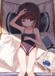 Rule 34 | 1girl, arm up, bare arms, bare shoulders, black hair, black one-piece swimsuit, blue eyes, blush, breasts, closed mouth, collarbone, commentary request, feet out of frame, hair between eyes, knees together feet apart, looking at viewer, one-piece swimsuit, original, pillow, shiho (yuuhagi (amaretto-no-natsu)), small breasts, solo, swimsuit, yuuhagi (amaretto-no-natsu)