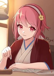 1girl alternate_costume closed_mouth eyelashes fire_emblem fire_emblem_fates hairband holding holding_paintbrush indoors looking_at_viewer medium_hair nintendo paintbrush pink_hair red_eyes red_hairband ryo-suzuki sakura_(fire_emblem) signature sitting smile solo two-tone_hairband white_hairband