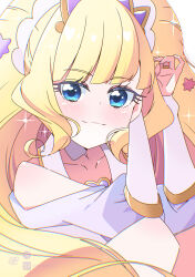 1girl blonde_hair blue_eyes blush brooch closed_mouth cure_finale delicious_party_precure detached_sleeves dress gloves hairband half_gloves heart heart_brooch jewelry kasai_amane long_hair magical_girl pixiv_username ponytail pota_(potacure1011) precure signature solo sparkle sparkle_hair_ornament tiara twitter_username very_long_hair white_dress white_gloves white_hairband