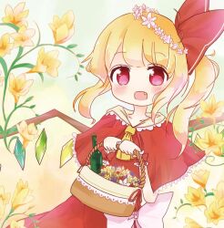 Rule 34 | 1girl, alternate costume, ascot, basket, blonde hair, blue flower, blush, bouquet, bow, capelet, dress, fang, flandre scarlet, flower, glass bottle, hair bow, happy, head wreath, holding, holding basket, large bow, looking at viewer, medium hair, multicolored wings, no headwear, one side up, open mouth, red bow, red capelet, red dress, red eyes, red flower, red ribbon, ribbon, serra (serarine), simple background, smile, solo, touhou, white bow, white flower, wings, yellow ascot, yellow background, yellow flower