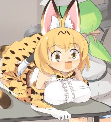 Rule 34 | 2girls, animal ear fluff, animal ears, animal print, blonde hair, blush, bow, bowtie, breasts, cat ears, cat girl, cat tail, center frills, commentary request, elbow gloves, frills, full body, gloves, green hair, kemono friends, large breasts, leopard print, lets0020, long hair, medium bangs, mirai (kemono friends), multiple girls, on table, open mouth, print bow, print bowtie, serval (kemono friends), shirt, short hair, skirt, sleeveless, sleeveless shirt, smile, table, tail, white shirt, yellow bow, yellow bowtie, yellow eyes, yellow gloves, yellow skirt