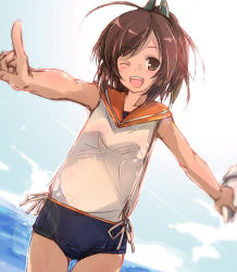 Rule 34 | 10s, 1girl, ;d, ahoge, bare shoulders, blue one-piece swimsuit, blush, covered navel, cowboy shot, dutch angle, foreshortening, head tilt, holding, i-401 (kancolle), kantai collection, looking at viewer, one-piece swimsuit, one eye closed, open mouth, outstretched arms, ponytail, ribbon, round teeth, sailor collar, school swimsuit, shirt, short hair, sketch, sleeveless, sleeveless shirt, smile, solo, swimsuit, swimsuit under clothes, teeth, thigh gap, white ribbon, white shirt, yumesato makura