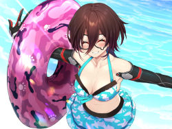 Rule 34 | 1girl, ^ ^, android, aqua bikini, bare shoulders, bikini, bikini skirt, black-framed eyewear, blue bikini, breasts, brown hair, camouflage, camouflage bikini, cleavage, closed eyes, collarbone, eyelashes, glasses, grin, hair between eyes, halterneck, hololive, large breasts, long bangs, mechanical arms, mikan (chipstar182), neck, ocean, outstretched arms, outstretched hand, raised eyebrows, roboco-san, roboco-san (hololive summer 2019), short hair, smile, solo, summer, swimsuit, t-pose, teardrop-framed glasses, teeth, virtual youtuber, wading, water
