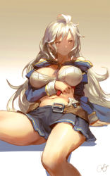 Rule 34 | 10s, 1girl, ahoge, arm support, bare shoulders, belt, black skirt, blue jacket, breasts, breasts apart, brown eyes, buckle, cancer (zjcconan), female focus, frown, gradient background, granblue fantasy, hand on own stomach, jacket, large breasts, long hair, long sleeves, looking away, looking to the side, midriff, miniskirt, navel, off shoulder, open belt, open clothes, open jacket, reclining, signature, silva (granblue fantasy), silver hair, skirt, solo, squiggle, unbuckled