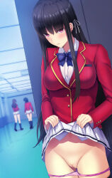 Rule 34 | 3girls, advanced nurturing high school uniform, black hair, black thighhighs, blazer, blue bow, blue bowtie, blurry, blurry background, bow, bowtie, breasts, buttoned cuffs, buttons, censored, closed mouth, clothes lift, collared shirt, commentary request, daiaru, hair between eyes, hair ribbon, hallway, highres, horikita suzune, indoors, jacket, large breasts, lifting own clothes, long bangs, long hair, long sleeves, mosaic censoring, multiple girls, panties, panty pull, pink panties, pleated skirt, public indecency, public nudity, pussy, red eyes, red jacket, ribbon, school uniform, shirt, skirt, skirt lift, solo focus, thighhighs, underwear, white ribbon, white shirt, white skirt, youkoso jitsuryoku shijou shugi no kyoushitsu e